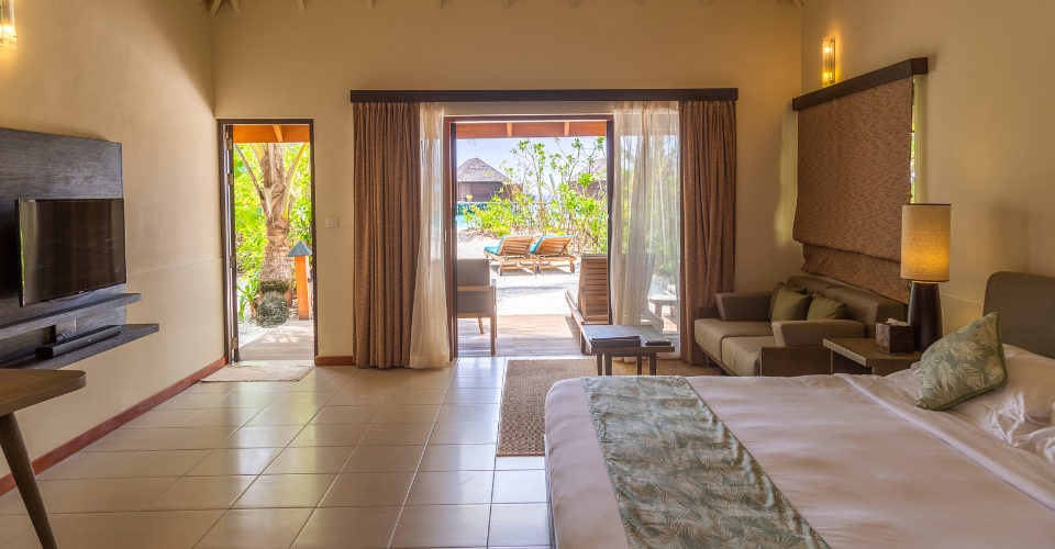 Beach Villa interior view at Veligandu Maldives