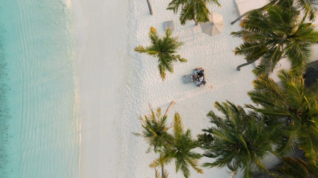 Birds eye view of private dining setup at Veligandu Maldives