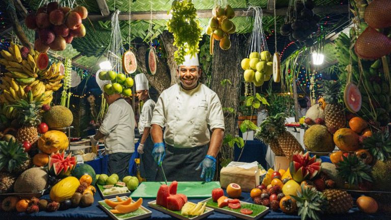 Fruit station at a street market culinary event at Veligandu